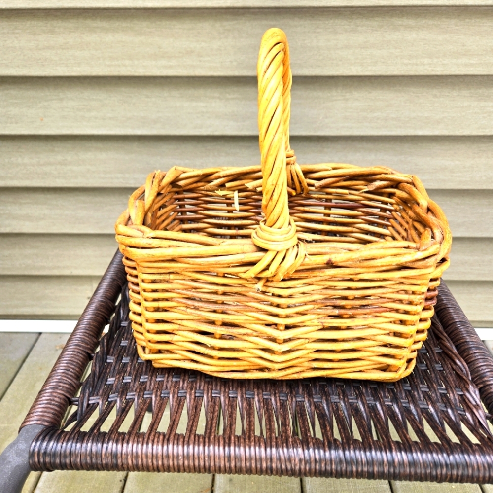 Vintage, Handcrafted, Sturdy Woven Willow Basket, Honey Color, Rolled Rim